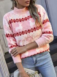 SHEIN Unity 圣诞图案落肩针织套头衫秋冬毛衣 - 粉色 - 查看 3