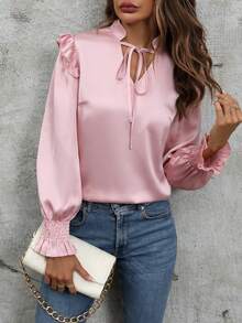 Chiquease Blusa de cuello con cordón ribete con fruncido de manga con volante - Rosa - Ver 4
