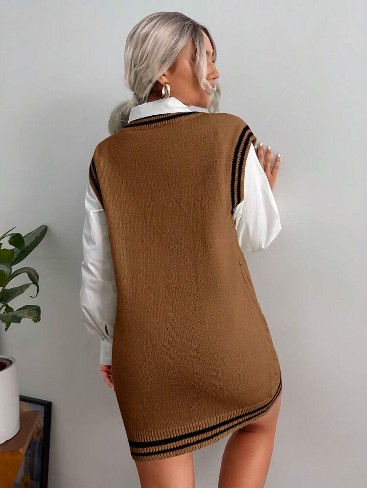 Striped Trim Cable Knit Sweater Dress Without Shirt