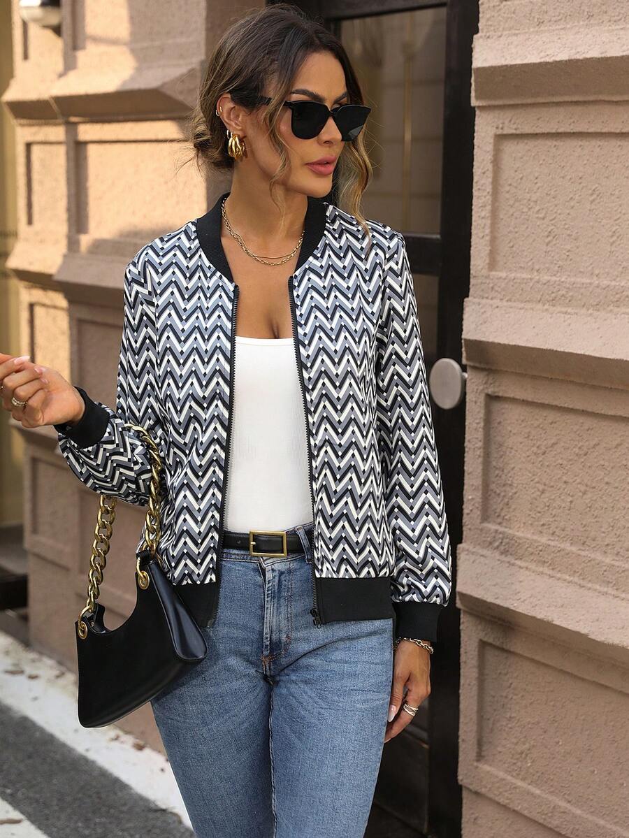 SHEIN Frenchy Chevron Print Zip Up Bomber Jacket - Multicolor - View 1