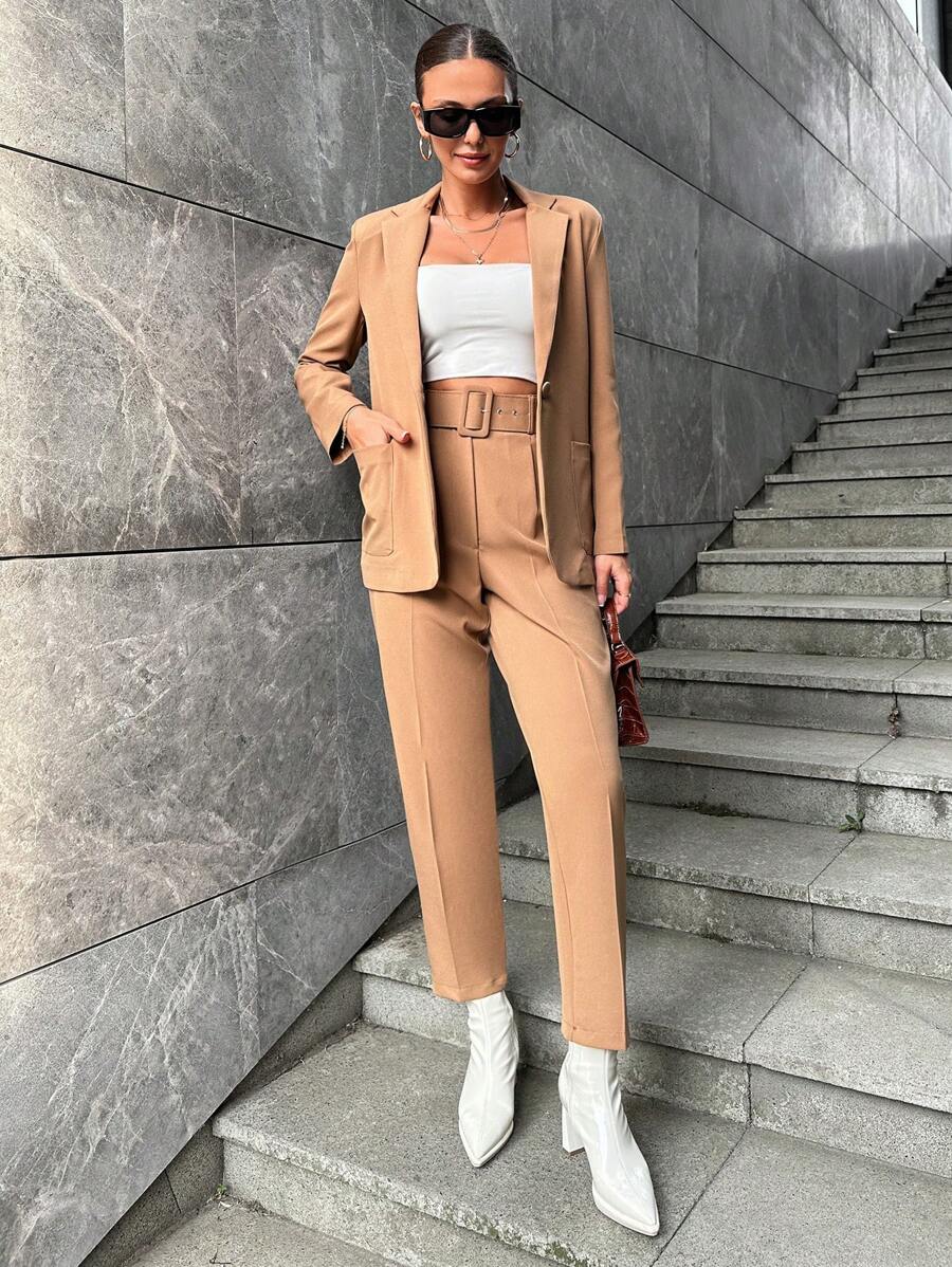 RueChic Solid Single Button Blazer & Pants - Brown - View 1