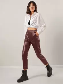 EURMUSE Solid Elastic Waist PU Leather Pants - Rust Brown - View 5