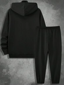 Manfinity LEGND 男士字母圖案抽繩連帽衫和運動褲 - 黑色 - 查看 2