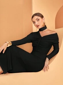 Modelyn 不对称领口褶饰开衩连衣裙长款晚礼服