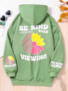 青少年女孩字母和花卉圖案落肩袖連帽衫