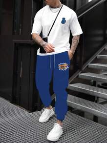Manfinity Loose Fit Men's Letter Graphic T-Shirt & Drawstring Waist Sweatpants - Multicolor - View 1