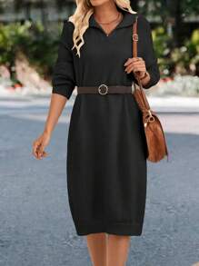 SHEIN LUNE 落肩袖毛衣洋裝不附腰帶 - 黑色 - 查看 3