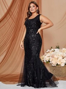 Plus Mesh Panel Mermaid Hem Sequin Wedding Dress Black Elegant Formal Evening Prom Wedding Guest Gown, For Graduation, Dinner - Black - View 4