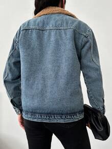 SHEIN Cottnline Flap Pocket Teddy Lined Denim Jacket - Blue - View 2