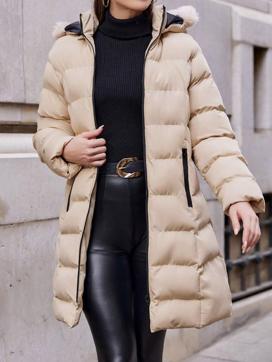 EURMUSE Zip Up Fuzzy Trim Hooded Puffer Coat - Beige - View 1