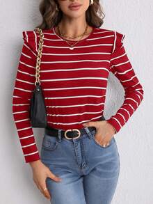 SHEIN LUNE In sọc Viền Ruffle Nút Quay lại Áo thun - Đỏ - Xem 2