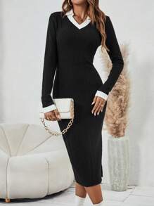 SHEIN Essnce Viền tương phản Tách đùi Đồ đan Ribbed Đầm Không có thắt lưng - màu đen - Xem 4