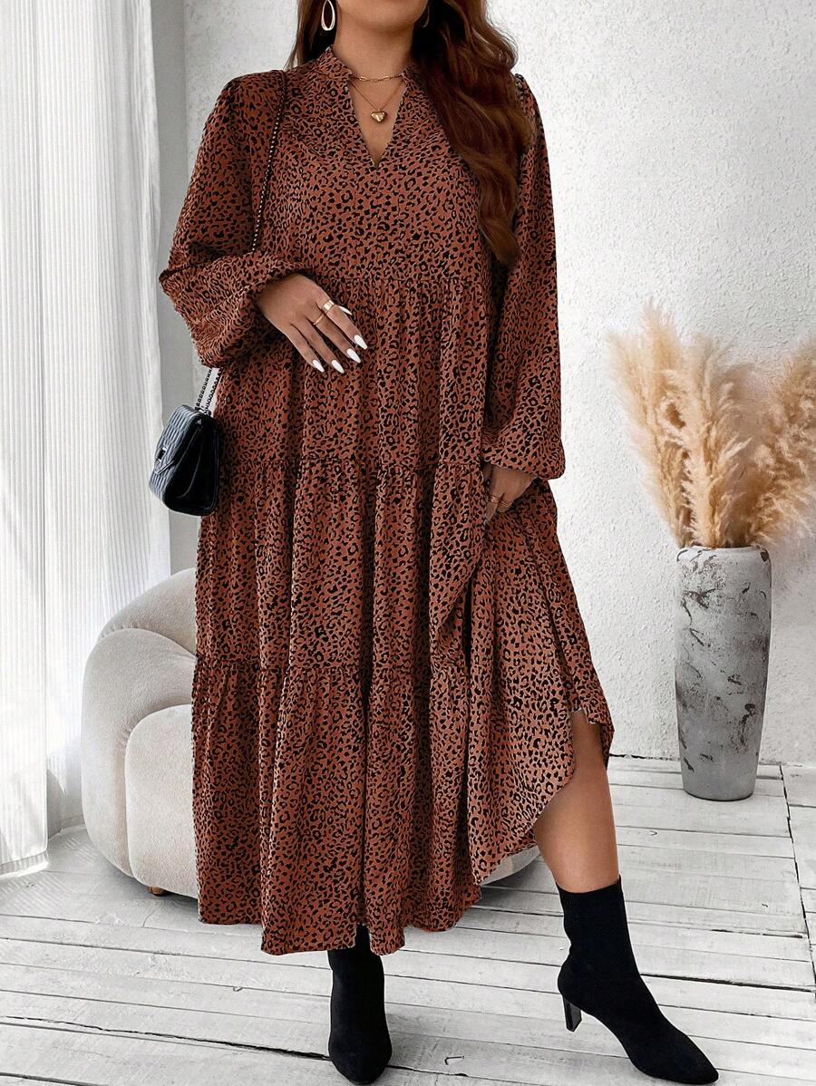 Vionelle Vestido largo tipo túnica para mujer con mangas de farol, bajo con volantes y estampado all over - Café integral - Ver 1