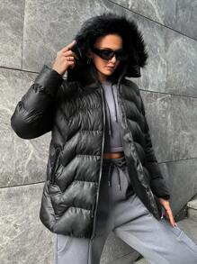 SHEIN Cottnline Fuzzy Trim Hooded Puffer Coat - Black - View 4