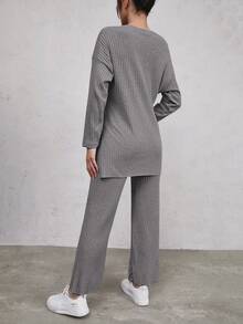 EURMUSE 2pcs Solid Color Loose Fit T-shirt And Long Pants Set - Grey - View 2
