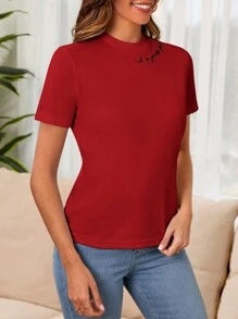 SHEIN Cottnline Letter Graphic Mock Neck Tee - Red - View 4