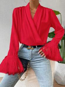 SHEIN Privé 毛茸茸袖口前圍裹襯衫 - 紅色 - 查看 3