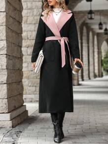 SHEIN Clasi 撞色拼接雙口袋束帶大衣 - 彩色 - 查看 5