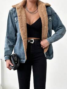 SHEIN Cottnline Flap Pocket Teddy Lined Denim Jacket - Blue - View 5