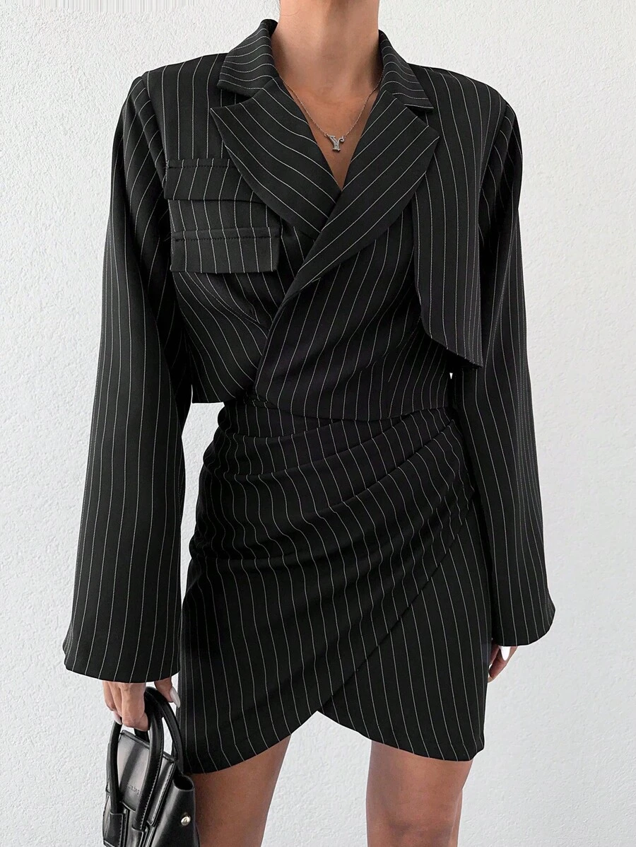 EURMUSE Striped Print Flap Detail Blazer & Ruched Tulip Hem Skirt - Black - View 1
