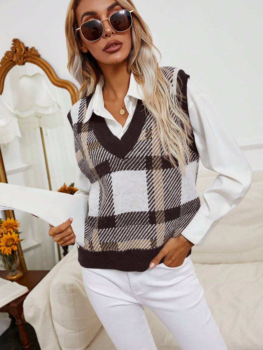 SHEIN Frenchy 格紋圖案毛衣背心不帶襯衫 - 咖啡棕 - 查看 1