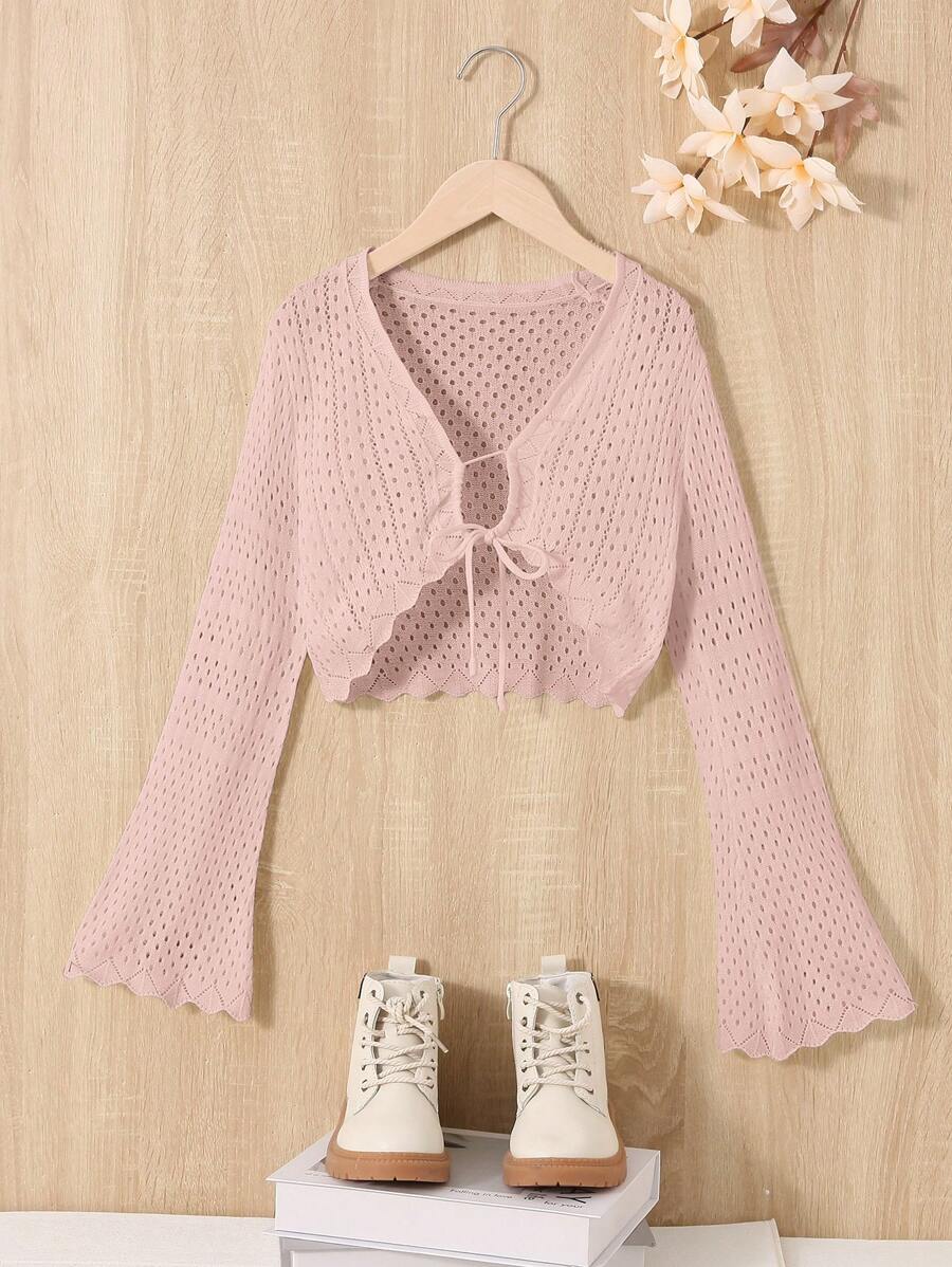SHEIN 女大童前繫帶喇叭袖貝殼邊網眼針織短款開衫 - 粉色 - 查看 1