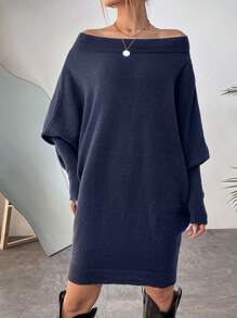 SHEIN LUNE Off Shoulder Batwing Sleeve Sweater Dress - Royal Blue - View 3
