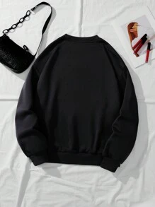 SHEIN EZwear 熊和標語圖案加絨內裏運動衫 - 黑色 - 查看 2