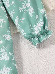 SHEIN Tween Girl Ditsy Floral Print Flounce Sleeve Wide Leg Jumpsuit - Multicolor - View 5