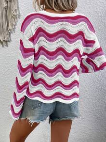 SHEIN LUNE Chevron Pattern Pointelle Knit Drop Shoulder Sweater - Rose Red - View 2