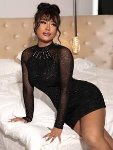 Joyfunear Halloween Silver Foil Mesh Contrast Bodycon Mini Dress - Black - View 3