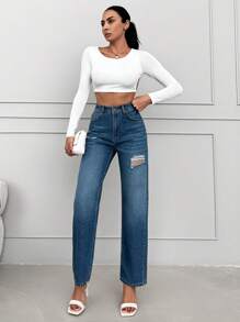 High Waist Ripped Straight Leg Jeans