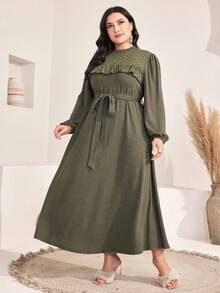 Al Najma Plus Ruffle Trim Belted Dress - Army Green - View 6