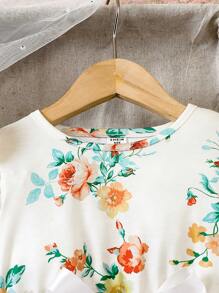 SHEIN Kleines Mädchen Kleid mit Gürtel, Blume Muster, Rüschenbesatz, Mesh Besatz,