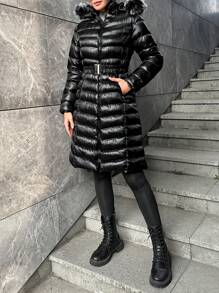 RueChic Fuzzy Trim Hooded Puffer Coat - Black - View 5