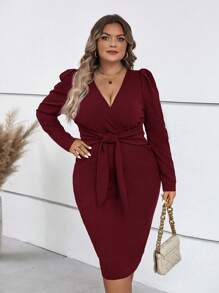 SHEIN Clasi Plus Surplice Neck Knot Front Bodycon Dress - Burgundy - View 1