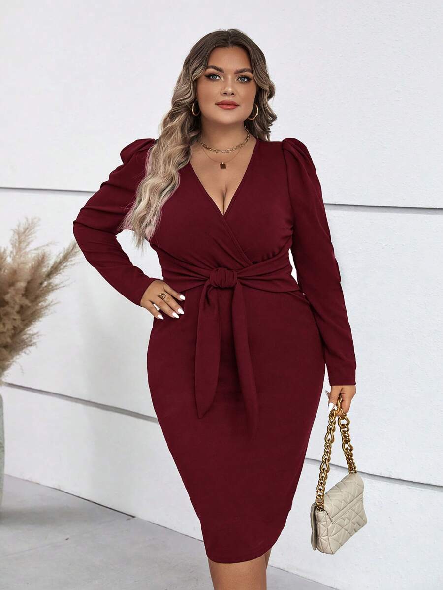 SHEIN Clasi Plus Surplice Neck Knot Front Bodycon Dress - Burgundy - View 1