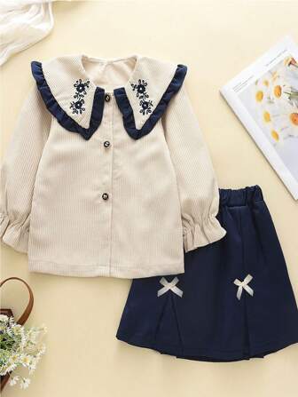 少女1件春秋刺繡燈芯絨襯衫裙套裝
