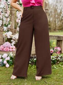 SHEIN Essnce Talla grande Pantalones de pierna ancha unicolor - Café integral - Ver 1