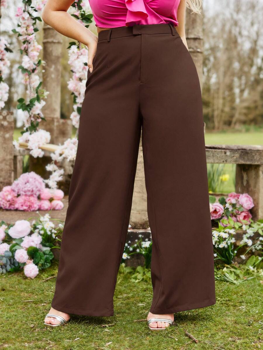 SHEIN Essnce Talla grande Pantalones de pierna ancha unicolor - Café integral - Ver 1