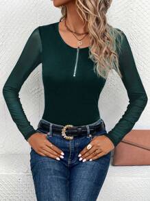 SHEIN LUNE Camiseta de malla en contraste con cremallera media - Verde - Ver 5