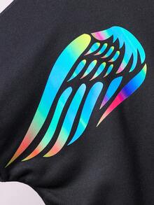 SHEIN Tween Boy Wings Print Hoodie & Sweatpants - Black - View 7