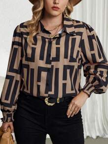 SHEIN Franclia Hơn In Địa lý tay áo lá sen Áo sơ mi - Nhiều màu - Xem 1