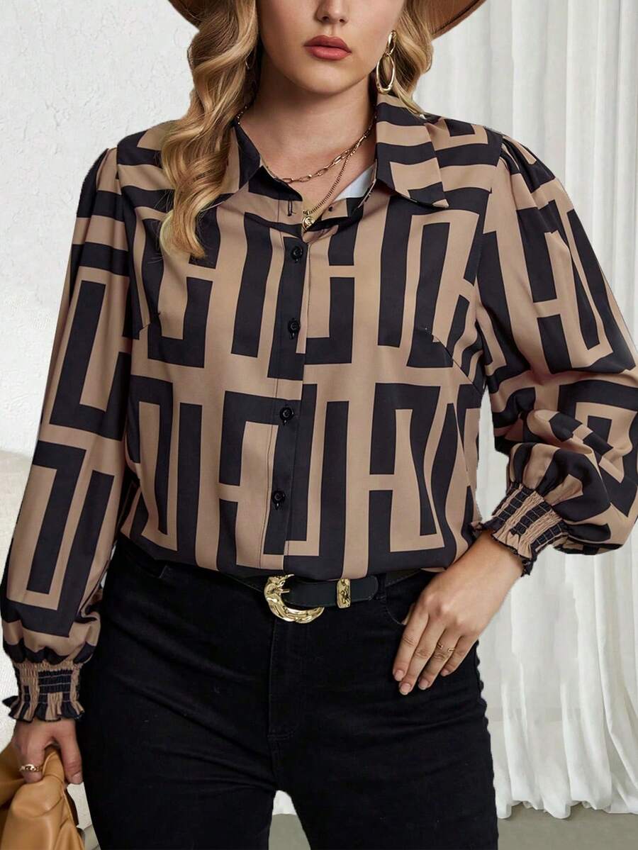 SHEIN Franclia Hơn In Địa lý tay áo lá sen Áo sơ mi - Nhiều màu - Xem 1