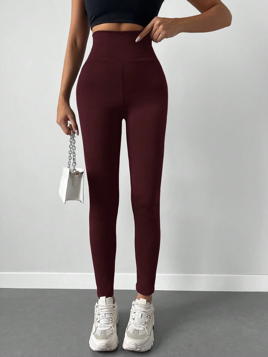 SHEIN Cottnline Solid Wideband Waist Leggings - Burgundy - View 1