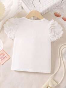 SHEIN Young Girl Solid Contrast Mesh Ruffle Trim Tee