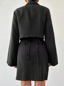 EURMUSE Striped Print Flap Detail Blazer & Ruched Tulip Hem Skirt - Black - View 2