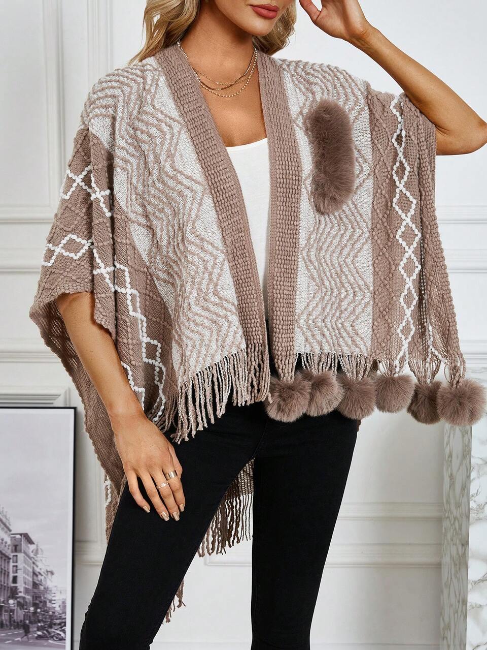 Geo Pattern Colorblock Pom Pom Decor Fringe Trim Batwing Sleeve Cardigan