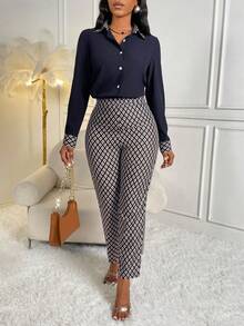 SHEIN Lady Geo Print Shirt and Pants Set - Navy Blue - View 6