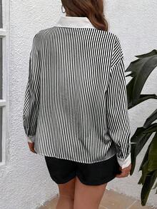 SHEIN Clasi Plus Striped Print Roll Tab Sleeve Shirt - Black and White - View 2